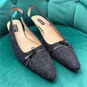 Vintage Kate Spade Charcoal Tweed Slingback Kitten Heels with Bow - Size 6